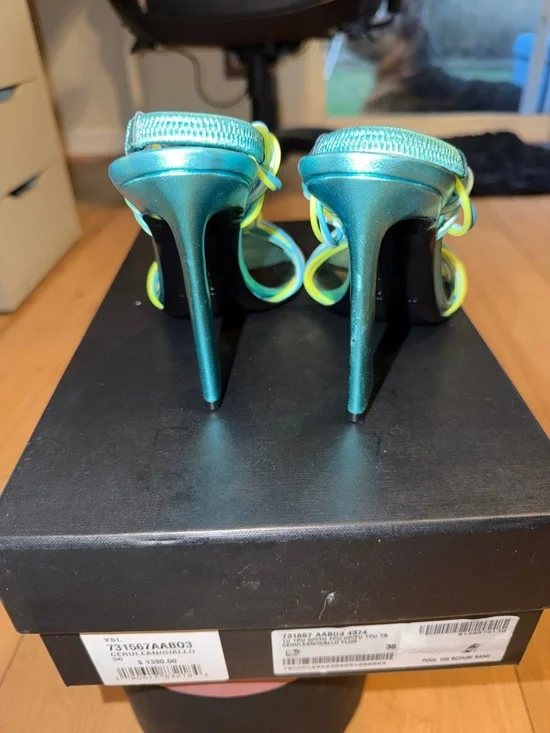 Saint Laurent Teal Satin Knotted Strap Stiletto Sandals - Picture 4 of 6